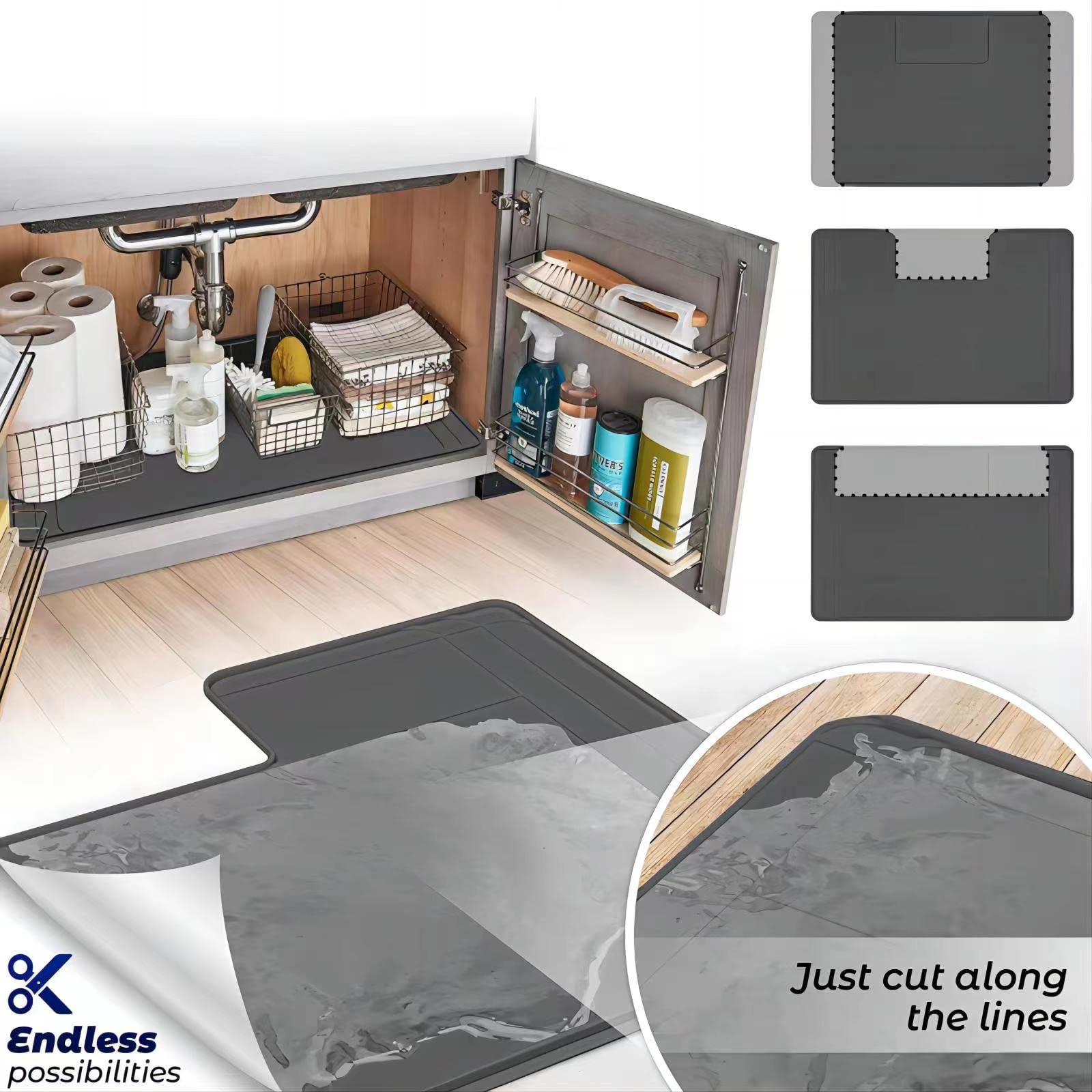 Under Sink Mat, Trimmable Silicone Waterproof Liner With Lip For Kitchen Multipurpose Cabinet Counter Protector Cover Tray Mats For Pipes Drip Easy To Clean 34" X 22" Or Cut To Fit Smaller Gray