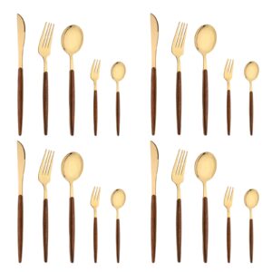 uniturcky 20-piece silverware set for 4, stainless steel flatware tableware set, mirror polished tableware cutlery set for family kitchen restaurant, faux wooden handle, dishwasher safe(gold & brown)