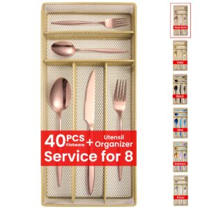 40 pcs rose gold silverware with organizer, stainless steel flatware set for 8,utensil cutlery for home kitchen restaurant hotel, mirror polished tableware, include spoons forks knifes