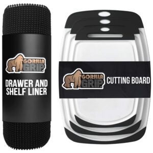 gorilla grip drawer and shelf liner and durable kitchen cutting board, shelf liner size 12 in x 20 ft, strong grip, cutting board set of 3, nonslip handle and border, both in black, 2 item bundle