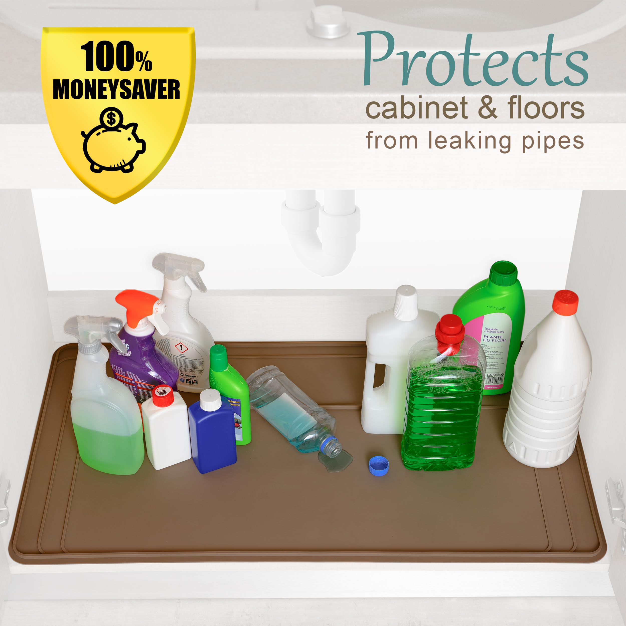 The Original Under Sink Mat - Silicone Waterproof mat, Adjustable, Easy to Clean, Kitchen cabinet liner, Disifenction Surface - 34" x 22" or smaller