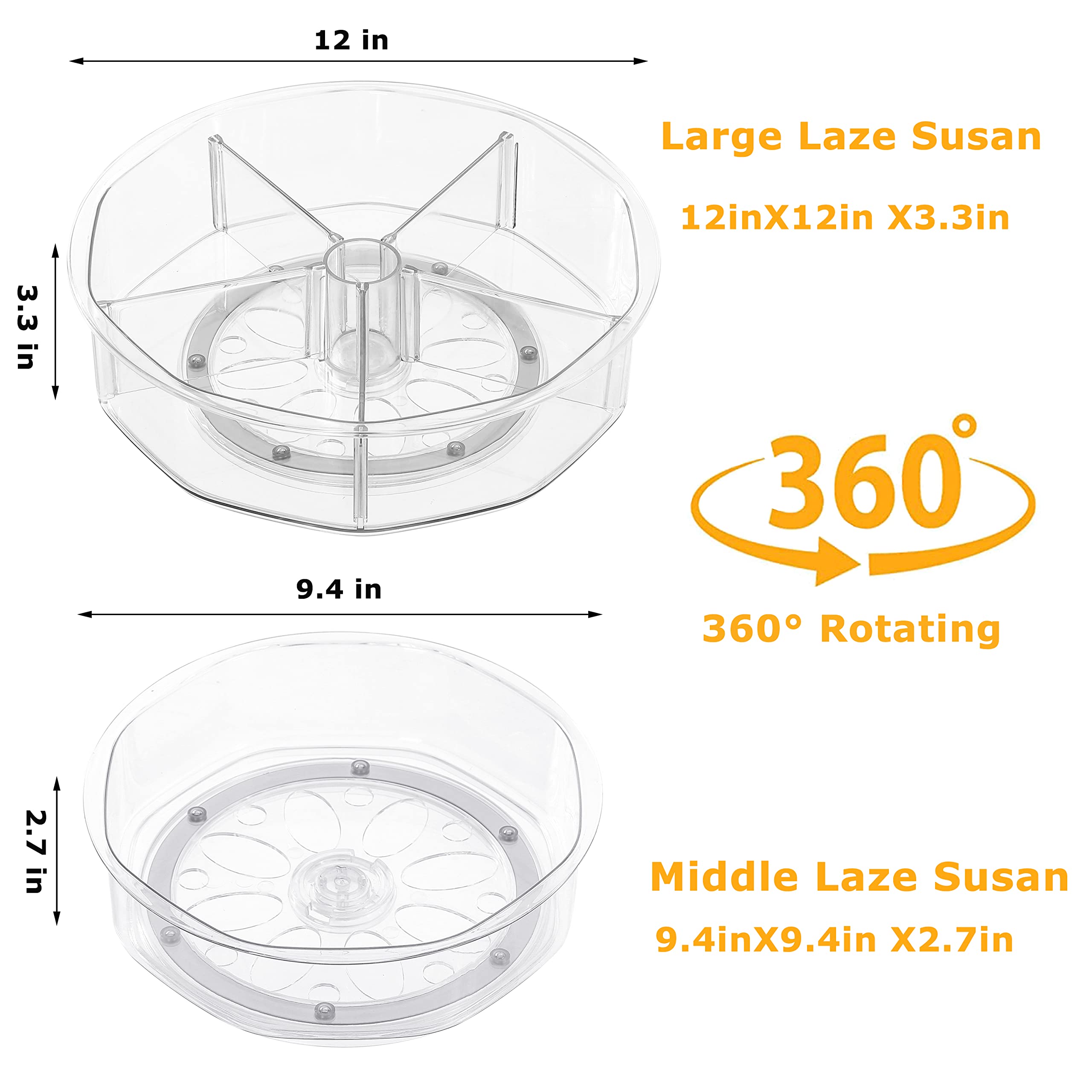 2 Pack Round Plastic Rotating Turntable Organizers -Clear Lazy Susan Organizer Container Bins for Cabinet, Pantry, Fridge, Countertop, Kitchen, Vanity - Spinning Organizer for Spices, Condiments