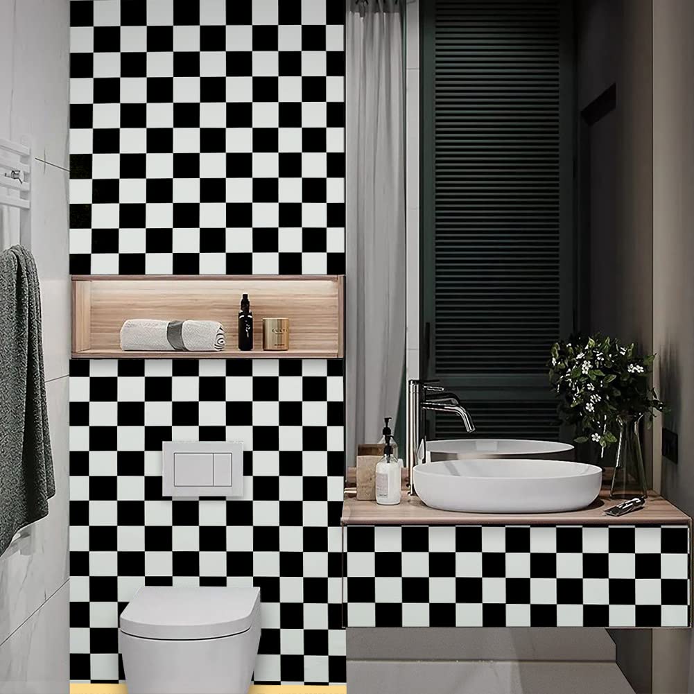 JZ·HOME 1339 Black White Mosaic Trellis Peel and Stick Wallpaper 17.7"x 9.8ft Square Lattice Self-Adhesive Checkered Contact Paper Shelf Liner Kitchen Backsplash Home Decor