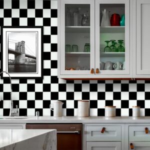 JZ·HOME 1339 Black White Mosaic Trellis Peel and Stick Wallpaper 17.7"x 9.8ft Square Lattice Self-Adhesive Checkered Contact Paper Shelf Liner Kitchen Backsplash Home Decor