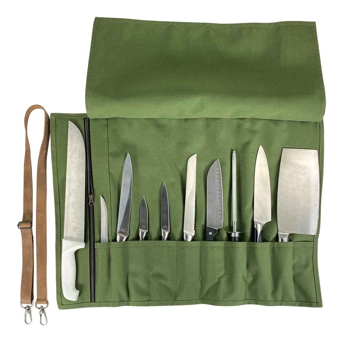 Cast Leather Co., Knife Roll Bag with Detachable Shoulder Strap, Portable Storage for Specialty Knives with 10 Pockets, Protect Sharp Cooking Items, Water Resistant Canvas, Olive