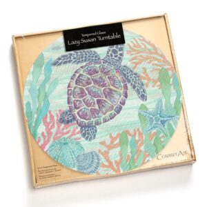 CounterArt Salt & Sea Turtle 4mm Heat Tolerant Tempered Glass Lazy Susan Turntable 13" Diameter Cake Plate Condiment Caddy Pizza Server