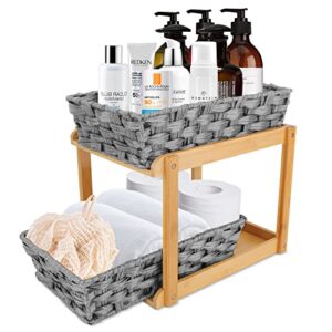 tcjj 2-tier woven baskets for storage, under bathroom/kitchen sink organizers and 2 sliding storage bamboo tray bathroom kitchen pantry medicine cabinet counter(grey) (sbbh)