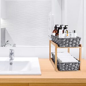 TCJJ 2-Tier Woven Baskets for Storage, Under Bathroom/Kitchen Sink Organizers and 2 Sliding Storage Bamboo Tray Bathroom Kitchen Pantry Medicine Cabinet Counter(Grey) (SBBH)