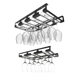 jbikao wine glass rack, under cabinet stemware wine glasses holder shelf, bar for kitchen restaurant undermount, metal organizer glasses storage hanger - screw mounted, hanging, black