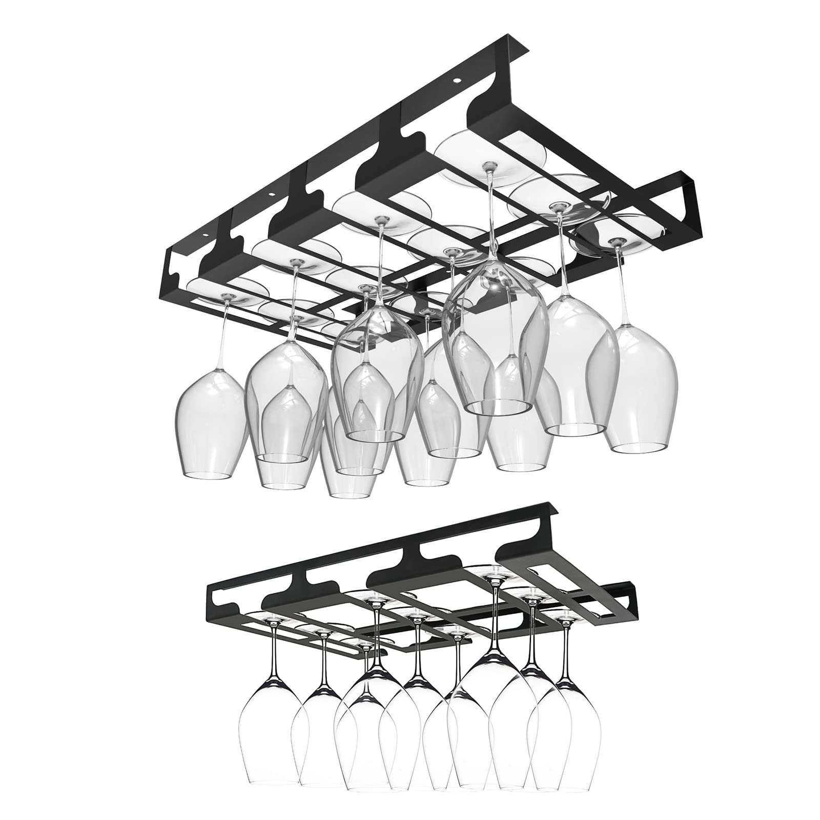 Jbikao Wine Glass Rack, Under Cabinet Stemware Wine Glasses Holder Shelf, Bar for Kitchen Restaurant Undermount, Metal Organizer Glasses Storage Hanger - Screw mounted, Hanging, Black