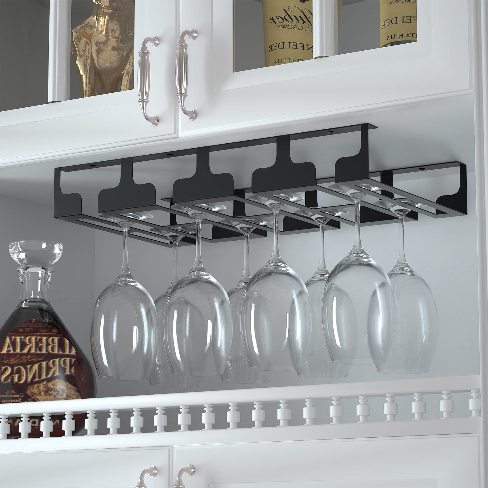 Jbikao Wine Glass Rack, Under Cabinet Stemware Wine Glasses Holder Shelf, Bar for Kitchen Restaurant Undermount, Metal Organizer Glasses Storage Hanger - Screw mounted, Hanging, Black