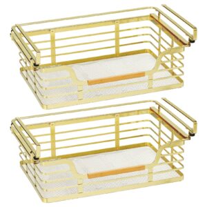 mDesign Metal Wire Wide Under Shelf Storage Baskets for Kitchen Pantry, Closet, Hanging Pull Out Shelving Bin, Sliding Hanger Rack for Bread, Canned Goods, Food, 2 Pack, Soft Brass/Natural