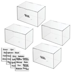 mDesign Plastic Stackable Bathroom Storage Organizer Box with Hinged Lid - for Cabinet, Vanity Organizer for Makeup, First Aid, Hair Accessories - 6.5" High - 4 Pack, Includes 32 Labels - Clear