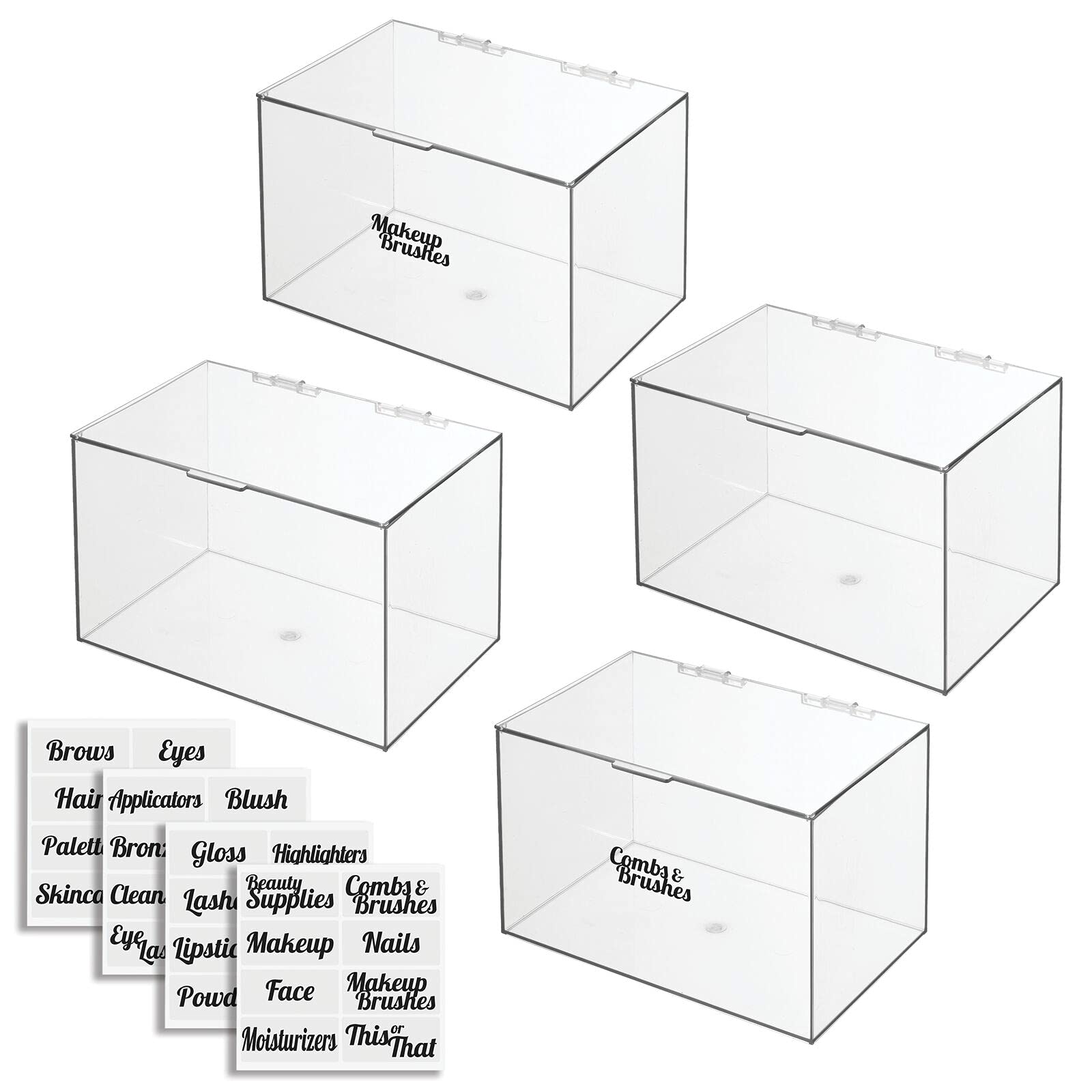 mDesign Plastic Stackable Bathroom Storage Organizer Box with Hinged Lid - for Cabinet, Vanity Organizer for Makeup, First Aid, Hair Accessories - 6.5" High - 4 Pack, Includes 32 Labels - Clear