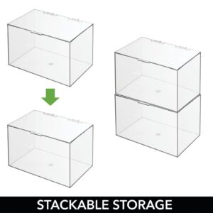 mDesign Plastic Stackable Bathroom Storage Organizer Box with Hinged Lid - for Cabinet, Vanity Organizer for Makeup, First Aid, Hair Accessories - 6.5" High - 4 Pack, Includes 32 Labels - Clear