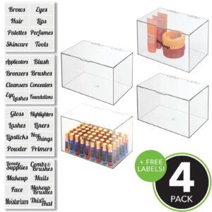 mDesign Plastic Stackable Bathroom Storage Organizer Box with Hinged Lid - for Cabinet, Vanity Organizer for Makeup, First Aid, Hair Accessories - 6.5" High - 4 Pack, Includes 32 Labels - Clear