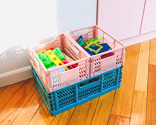 Chloe Emily & Co Stylish Stackable Storage Bins | Sets Plastic Sturdy Foldable Storage Crates for Office, Pantry, Bathroom & Kitchen Organization | Set of 2 (Large, Pink)