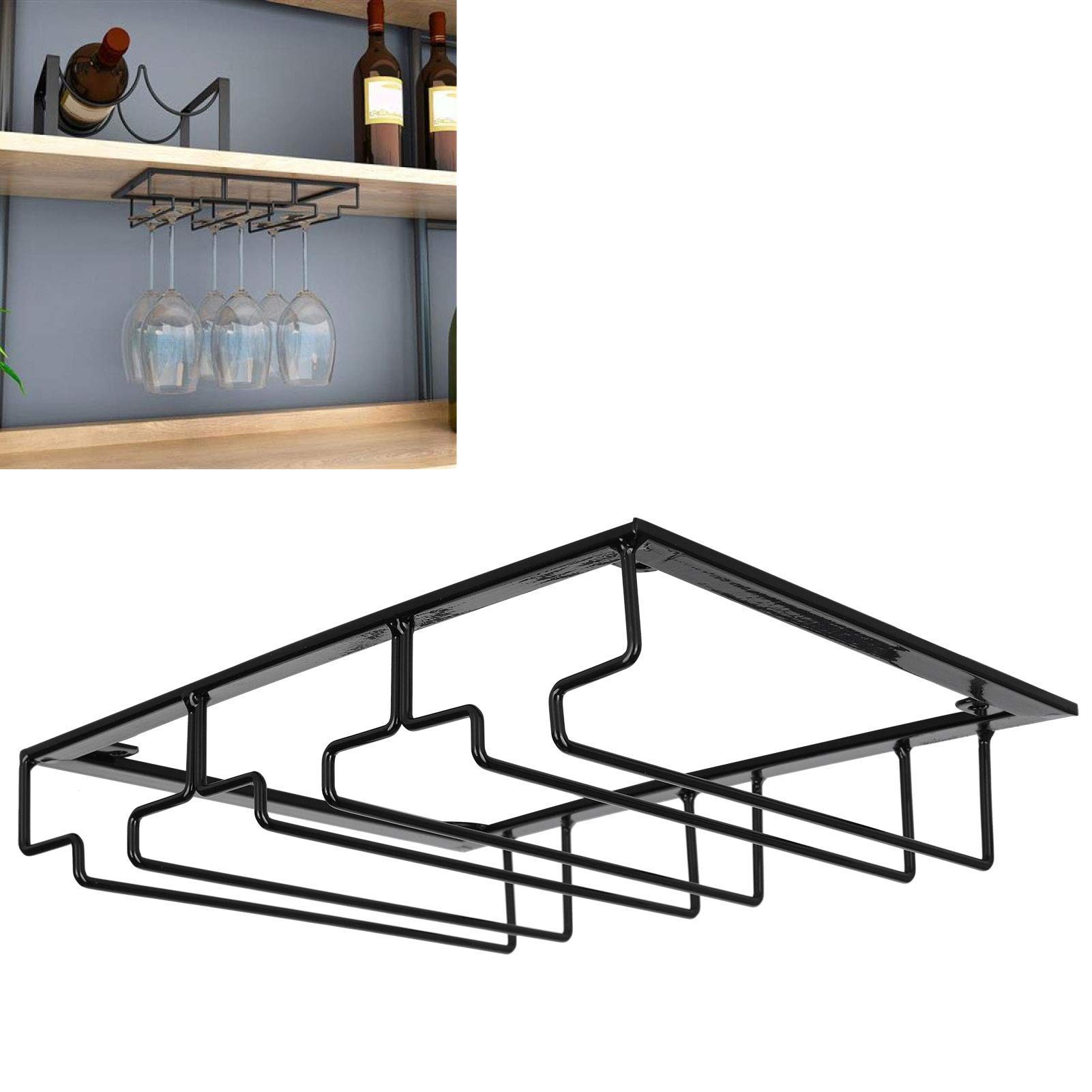 Wine Glass Rack Under Cabinet Stemware Wine Glass Holder Glasses Storage Hanger Metal Organizer for Bar Kitchen Cabinet (3 Slots Length 30cm Width 22.5cm Black)