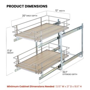 Home Zone Living Pull Out Kitchen Cabinet Organizer with 2 Tiers of Storage for Easy Access, 12”W x 20”D, Satin Nickel with Light Brown, Virtuoso Collection