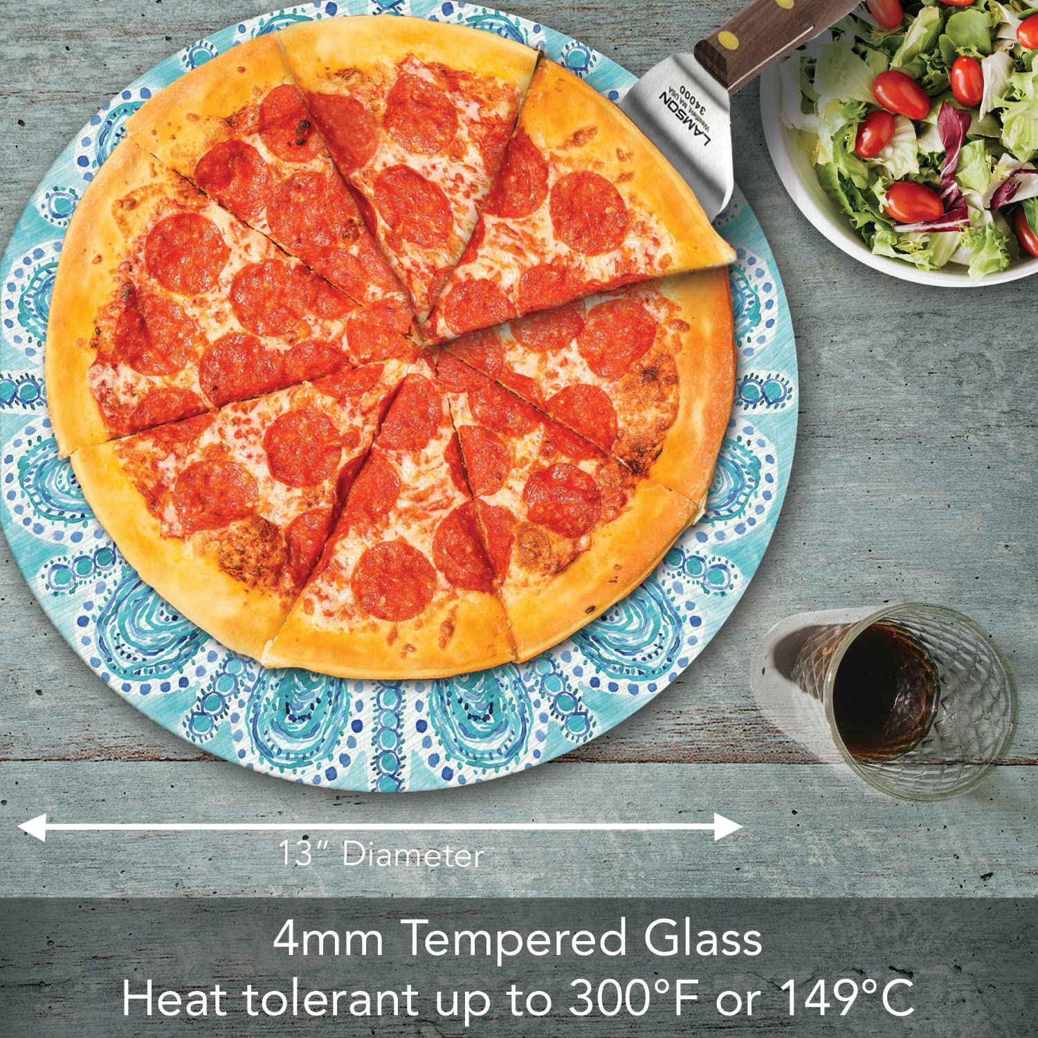 Ocean Fantasy 4mm Heat Tolerant Tempered Glass Lazy Susan Turntable 13" Round Cake Plate, Pizza Stand, Condiment Caddy