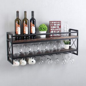 MBQQ Wine Rack Stemware Glass Rack,Industrial 2-Tier Wood Shelf,36" Wall Mounted Wine Racks with 8 Stem Glass Holder for Wine Glasses,Mugs,Home Decor,Retro Black