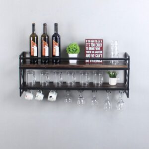 MBQQ Wine Rack Stemware Glass Rack,Industrial 2-Tier Wood Shelf,36" Wall Mounted Wine Racks with 8 Stem Glass Holder for Wine Glasses,Mugs,Home Decor,Retro Black