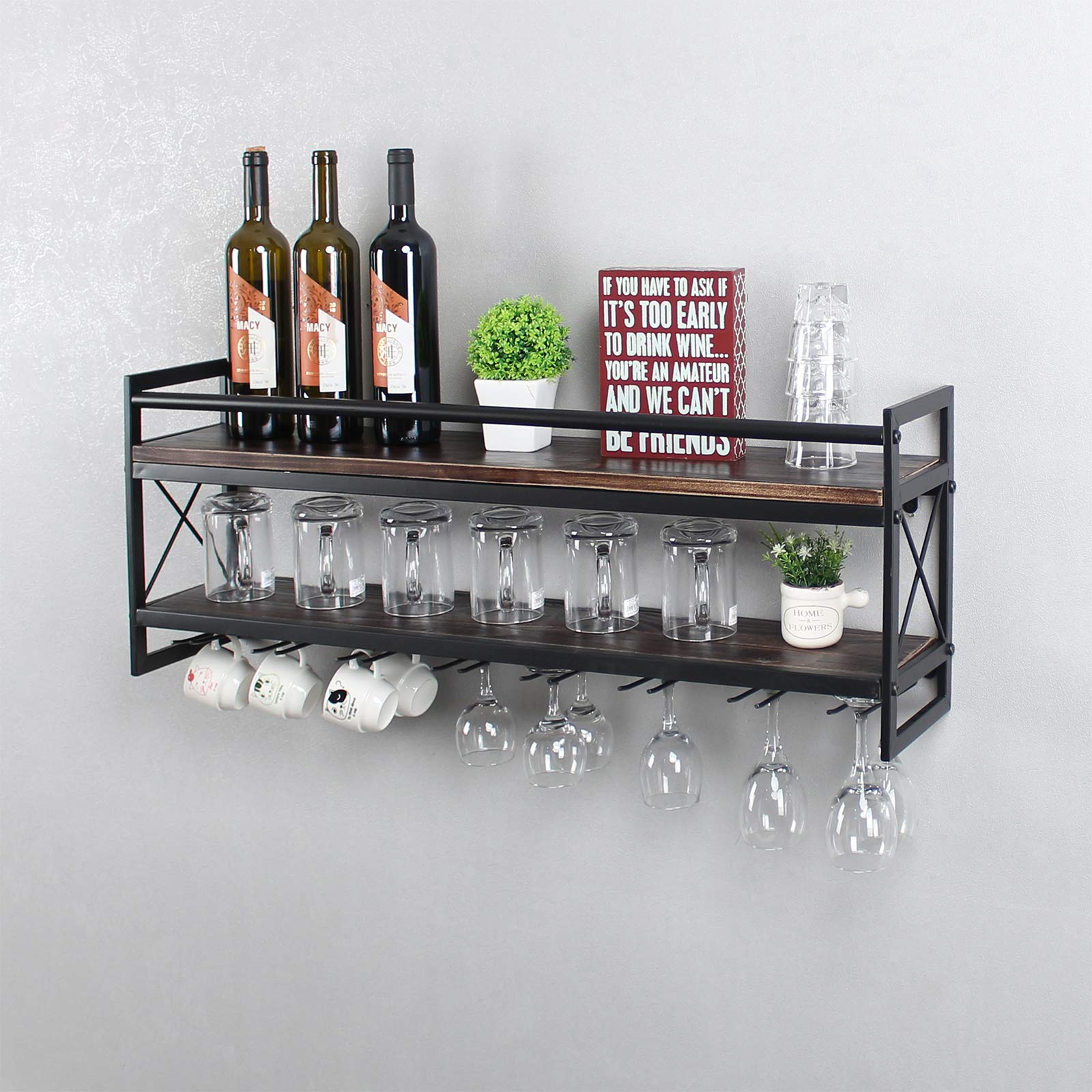 MBQQ Wine Rack Stemware Glass Rack,Industrial 2-Tier Wood Shelf,36" Wall Mounted Wine Racks with 8 Stem Glass Holder for Wine Glasses,Mugs,Home Decor,Retro Black