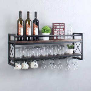 MBQQ Wine Rack Stemware Glass Rack,Industrial 2-Tier Wood Shelf,36" Wall Mounted Wine Racks with 8 Stem Glass Holder for Wine Glasses,Mugs,Home Decor,Retro Black