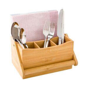 restaurantware 8.25 x 5 x 9.25 inch silverware caddy with napkin holder 1 durable outdoor utensil holder - built-in handle 4 slots natural bamboo picnic silverware holder for knives forks and spoons