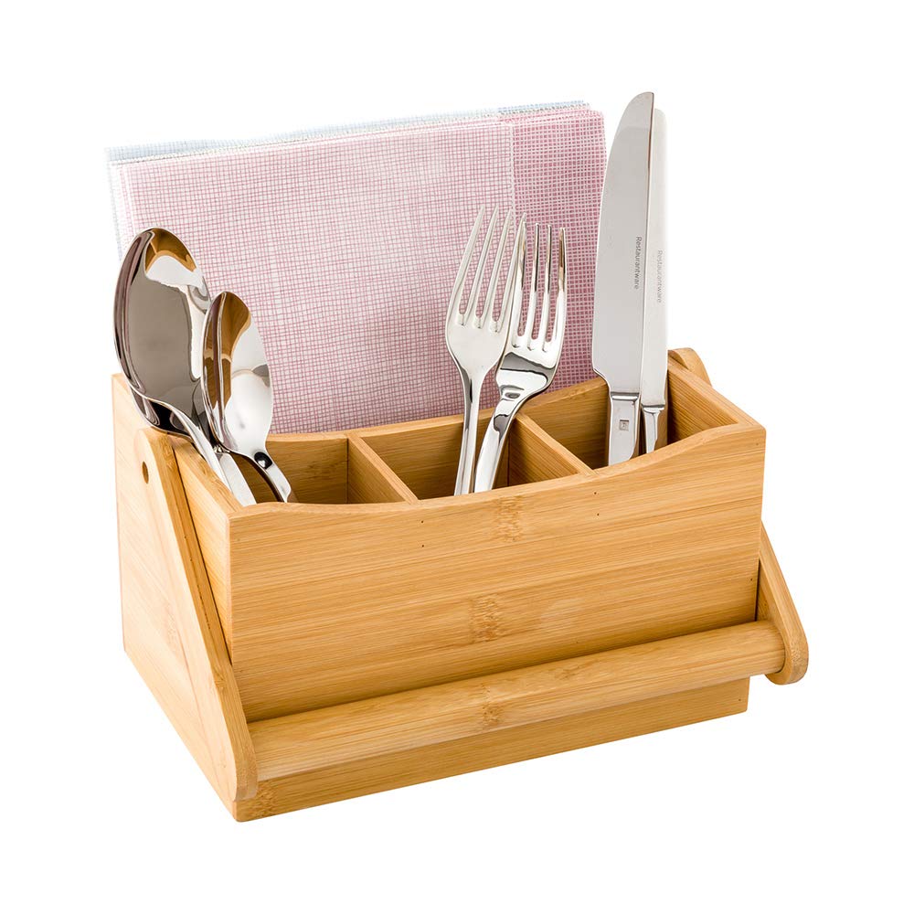 Restaurantware 8.25 x 5 x 9.25 Inch Silverware Caddy With Napkin Holder 1 Durable Outdoor Utensil Holder - Built-In Handle 4 Slots Natural Bamboo Picnic Silverware Holder For Knives Forks And Spoons