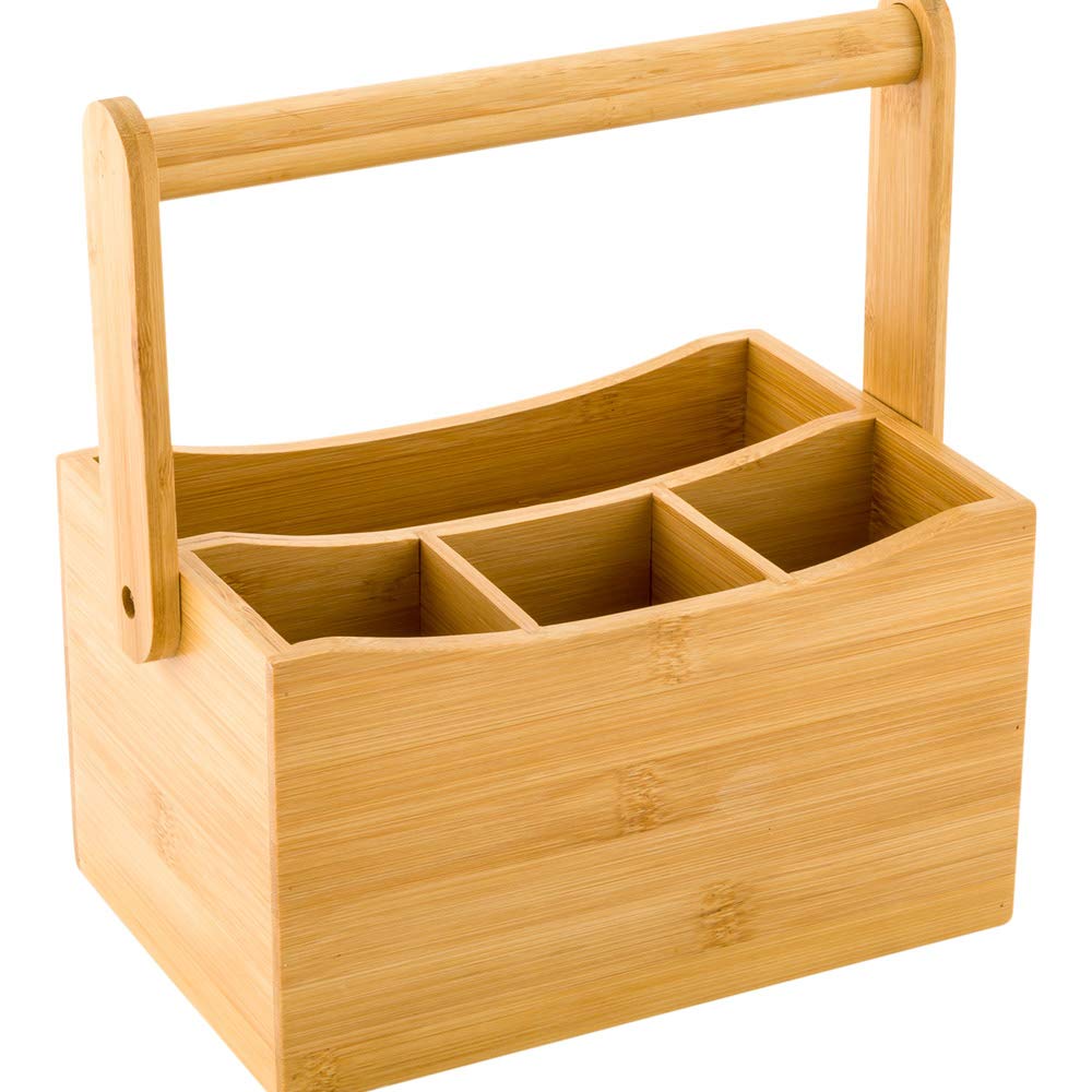 Restaurantware 8.25 x 5 x 9.25 Inch Silverware Caddy With Napkin Holder 1 Durable Outdoor Utensil Holder - Built-In Handle 4 Slots Natural Bamboo Picnic Silverware Holder For Knives Forks And Spoons