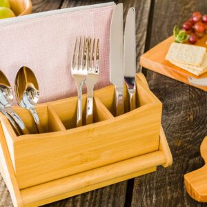 Restaurantware 8.25 x 5 x 9.25 Inch Silverware Caddy With Napkin Holder 1 Durable Outdoor Utensil Holder - Built-In Handle 4 Slots Natural Bamboo Picnic Silverware Holder For Knives Forks And Spoons