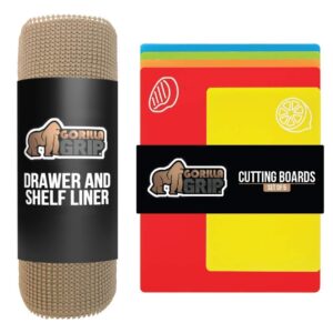 gorilla grip drawer liner and flexible cutting board set of 5, drawer liner size 17.5x20 in beige, 2 item bundle
