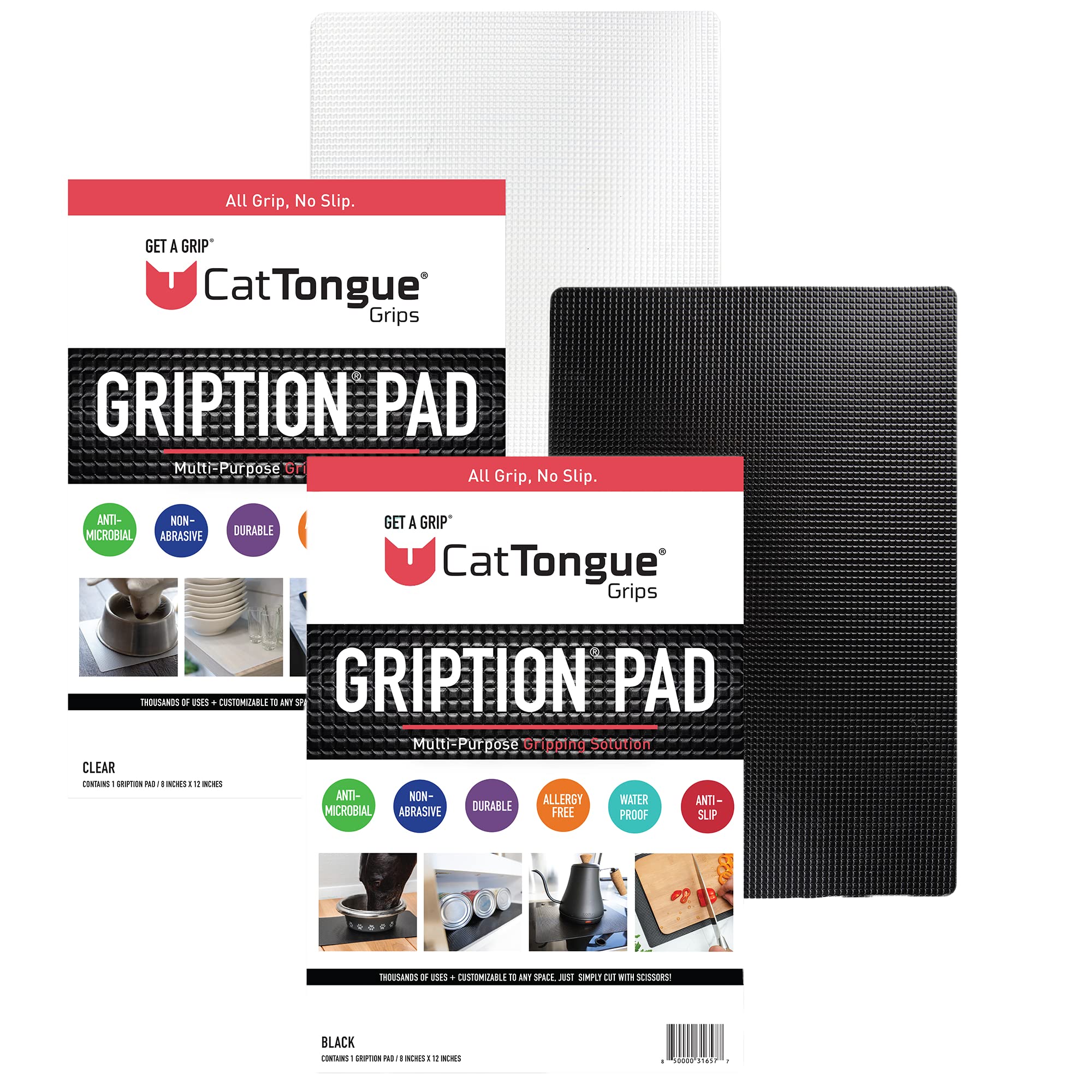 Non-Adhesive Grip Pad Combo Pack by CatTongue – Portable Multi-Purpose Non Slip Mat for Preventing Tools, Gadgets, and Gear from Slipping, Sliding, or Shifting (Black & Clear)