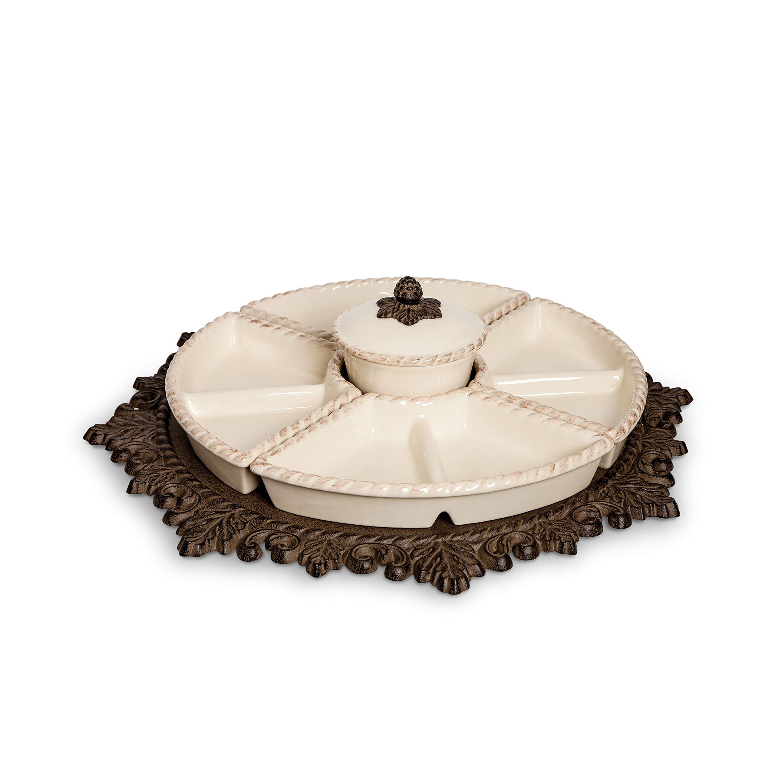 Gerson Cream Ceramic Lazy Susan Crudite With Acanthus Leaf Metal Base