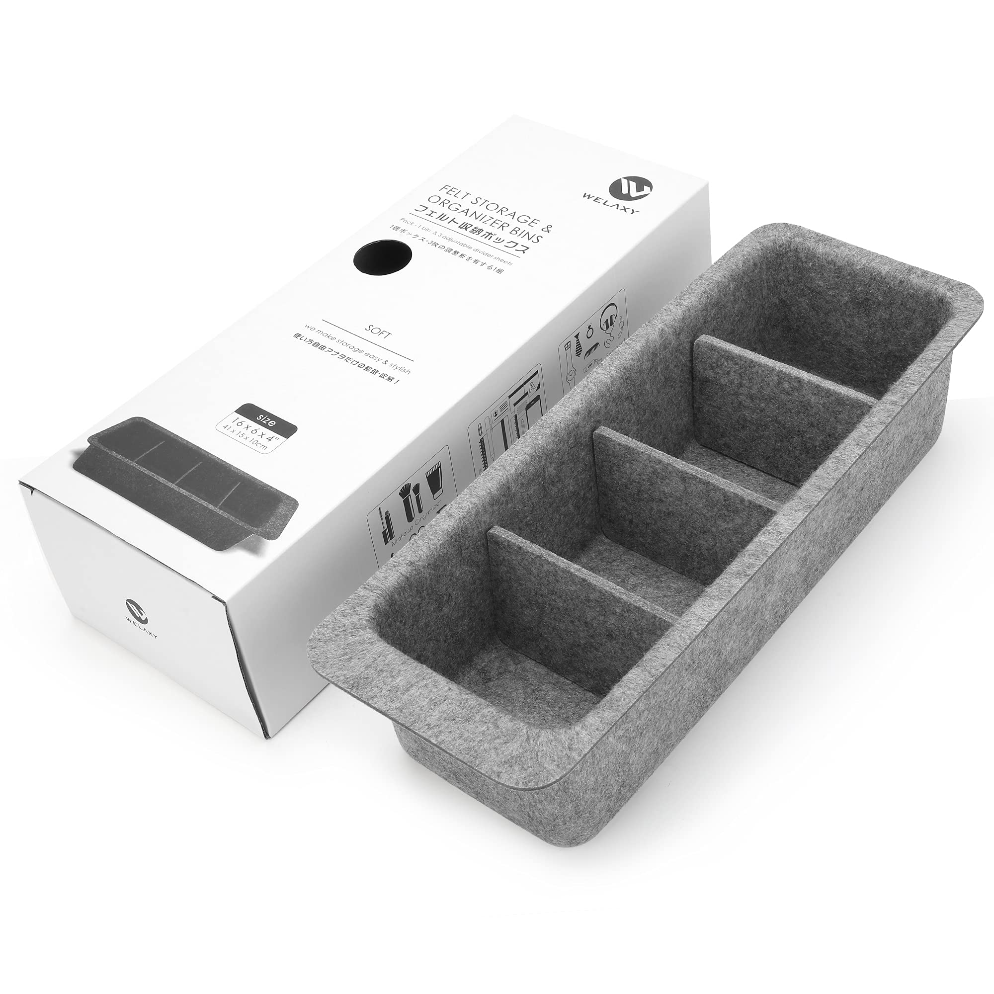 WELAXY Cabinet Pantry Organizers Desk drawer organizer bin with 4 adjustable compartment Felt ( Gray)