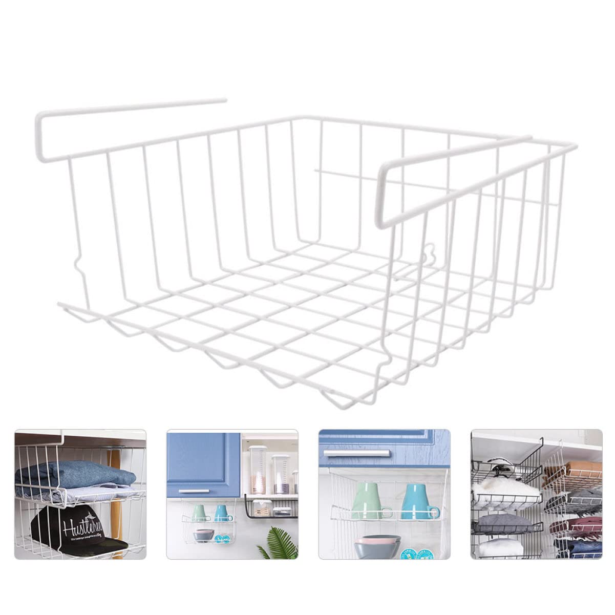 Cabilock 1pc Wardrobe Storage Rack White Wire Rack Kitchen Cabinet Shelves Kitchen Cabinet Organizer Space Saving Wardrobe Organizer Hanging Rack Cupboard Shelf Food Basket Iron Office