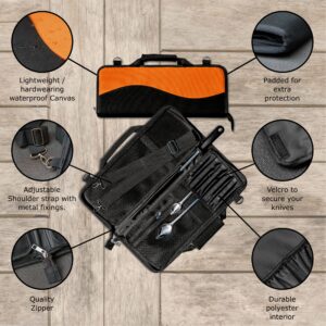 Knife Bag Canvas Chef Roll Case -16 Pocket & Kitchen Utensils Holder +Honing Steel Rod +Precision Drawing Spoons - Portable Storage for Travel Camping Culinary Student Shoulder Strap, Black Orange