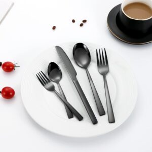 48 piece black silverware set for 8, raeek stainless steel cutlery flatware set with organizer, mirror polished kitchen utensils tableware sets, include fork knife spoon set