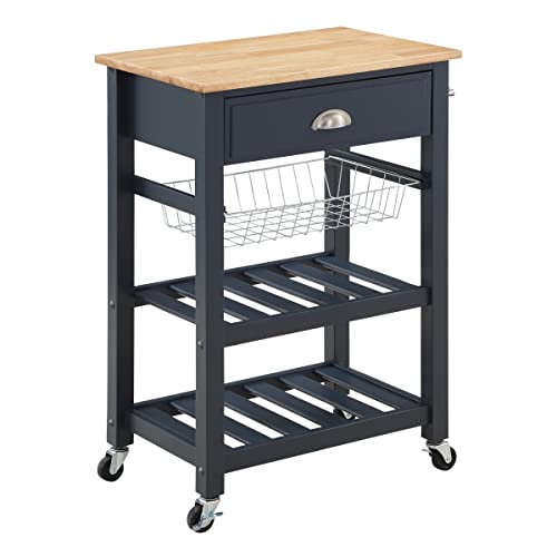 OSP Home Furnishings Hampton Kitchen Cart with Wood Top, Utensil Drawer, Under Cabinet Basket, and 2 Slatted Shelves, Blue Stone Base