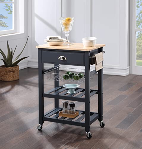OSP Home Furnishings Hampton Kitchen Cart with Wood Top, Utensil Drawer, Under Cabinet Basket, and 2 Slatted Shelves, Blue Stone Base