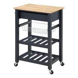 OSP Home Furnishings Hampton Kitchen Cart with Wood Top, Utensil Drawer, Under Cabinet Basket, and 2 Slatted Shelves, Blue Stone Base