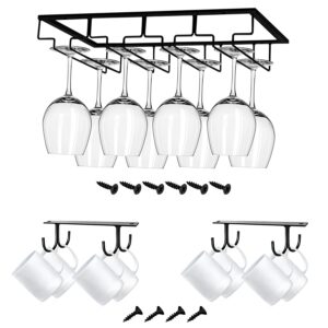 Karukera Wine Glass Holder Storage, Add an Organizer Stemware under a Floating Shelf or Cabinet to save Space, Perfect Metal Rack for your Kitchen, Bar or Countertop, with 2 Sets Mugs Holders