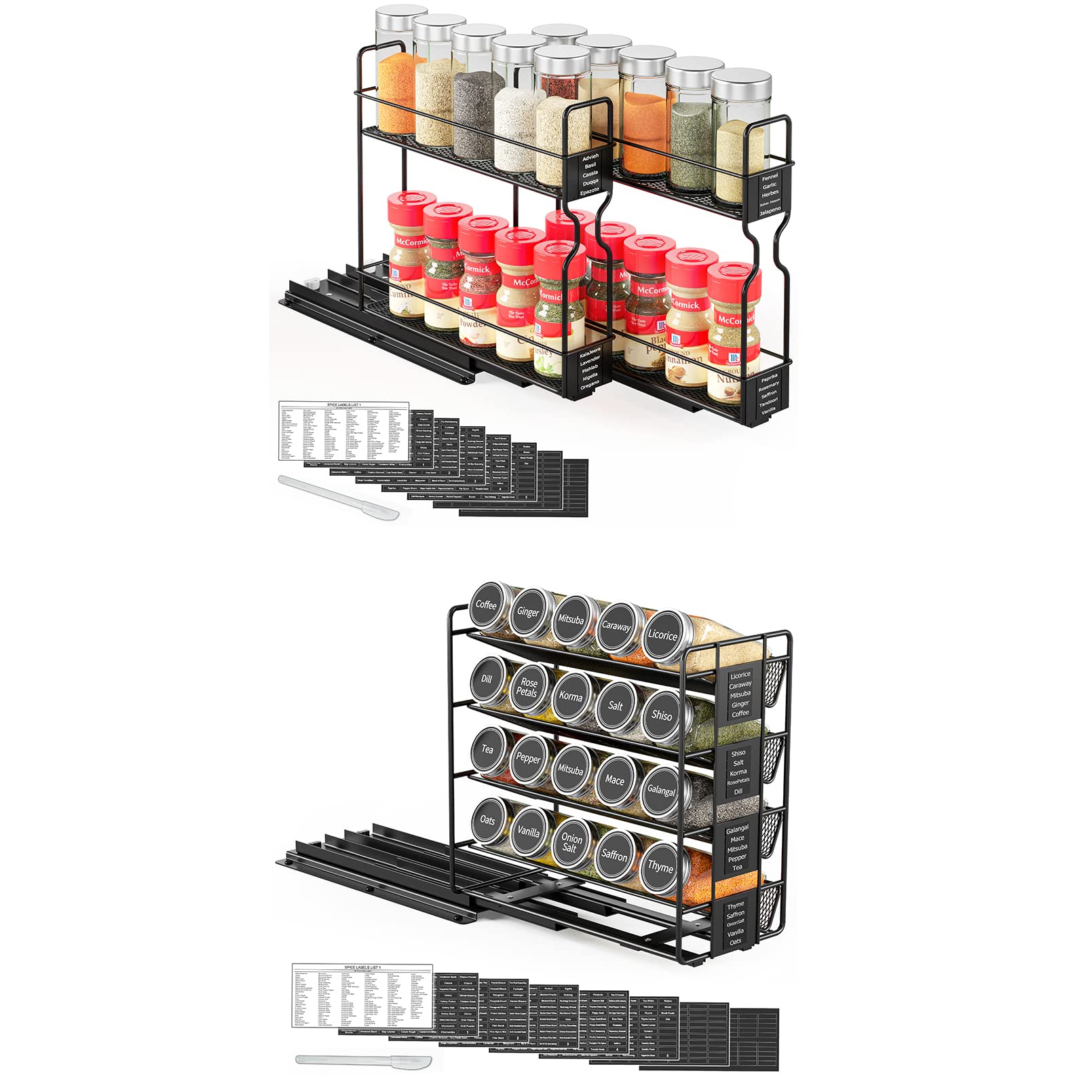 SpaceAid Pull Out Spice Rack Organizer for Cabinet, 2 Drawers 2-Tier, Pull Out Spice Rack Organizer with 20 Jars