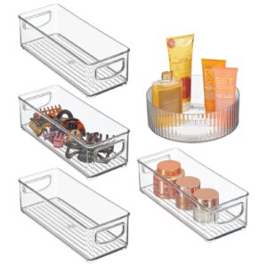 mdesign small plastic stackable bin with handles and 9" fluted lazy susan turntable plastic spinner combo set for organization in bathroom, closet, cabinet, or vanity countertop - set of 5 - clear
