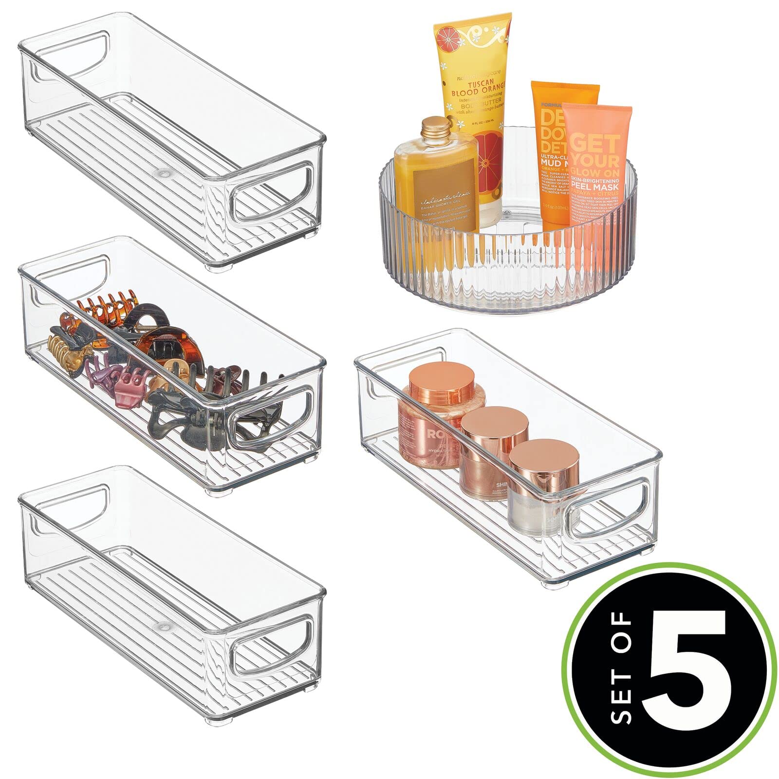 mDesign Small Plastic Stackable Bin with Handles and 9" Fluted Lazy Susan Turntable Plastic Spinner Combo Set for Organization in Bathroom, Closet, Cabinet, or Vanity Countertop - Set of 5 - Clear