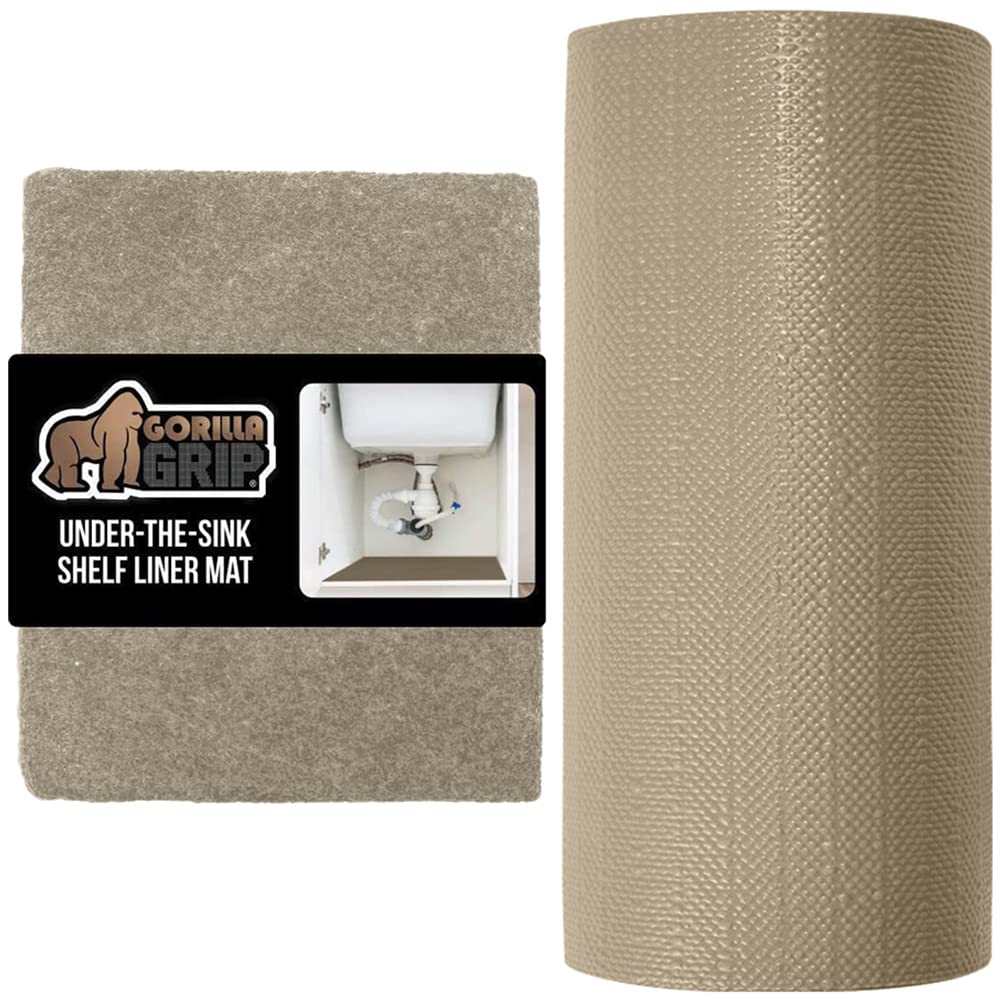 Gorilla Grip Under Sink Mat and Smooth Drawer Liner, Under Sink Mat Size 24x30, Absorbent Mat for Below Sinks, Drawer Liner Size 17.5x20, Non Adhesive, Both in Beige, 2 Item Bundle