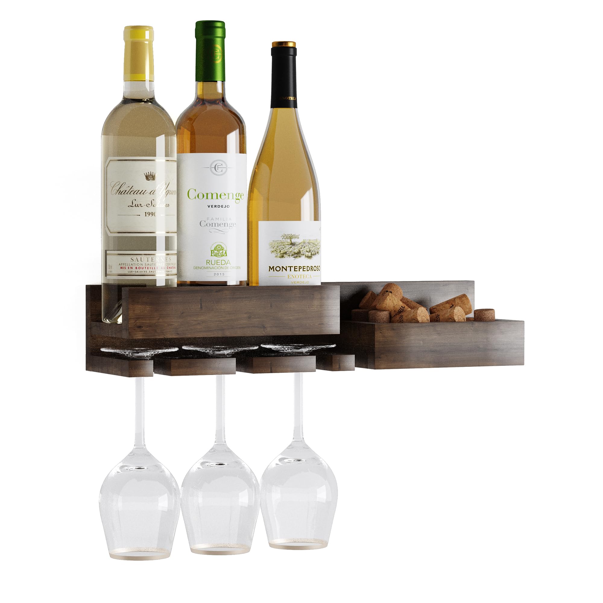 Rustic State Semillon Wall Mounted Wine Rack and Cork Storage Holder Shelf Organizer with 3 Stemware and 3 Bottle Capacity - Home, Kitchen, Dining Room Bar Décor - Walnut