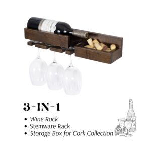 Rustic State Semillon Wall Mounted Wine Rack and Cork Storage Holder Shelf Organizer with 3 Stemware and 3 Bottle Capacity - Home, Kitchen, Dining Room Bar Décor - Walnut