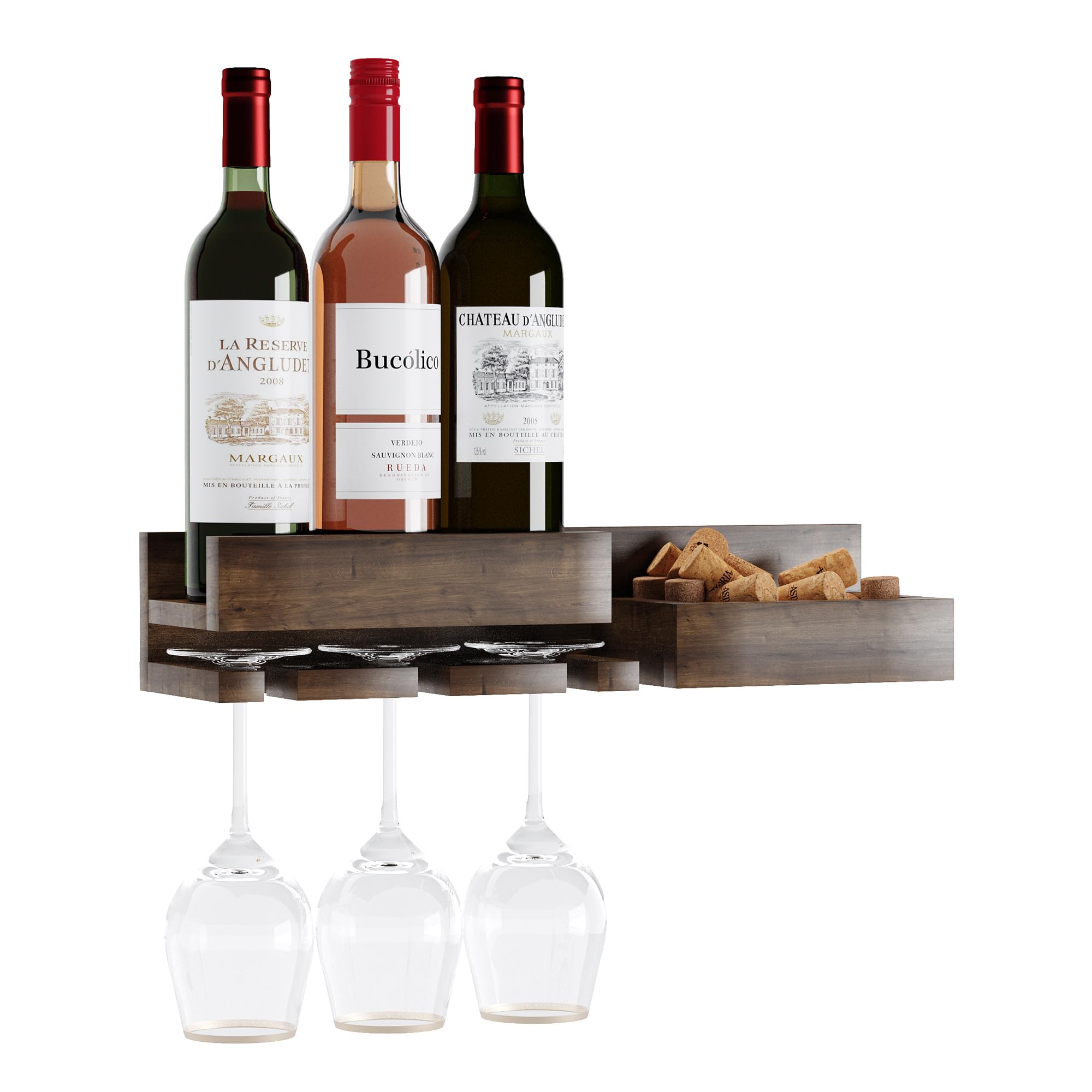 Rustic State Semillon Wall Mounted Wine Rack and Cork Storage Holder Shelf Organizer with 3 Stemware and 3 Bottle Capacity - Home, Kitchen, Dining Room Bar Décor - Walnut